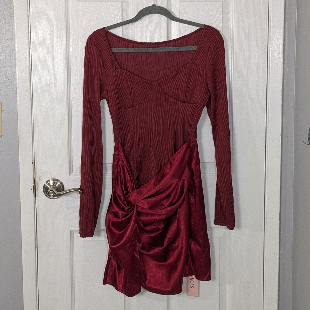 NWT Burgundy Gathered Waist Bodycon Cocktail MICAS Mini Dress Size Small
